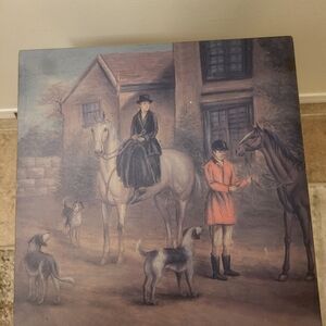 Beautiful small table hunting hounds and horses appears vintage?